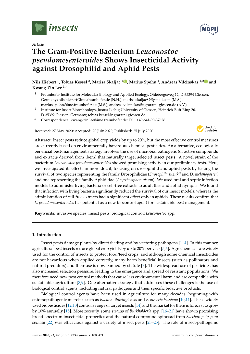 The Gram-Positive Bacterium Leuconostoc Pseudomesenteroides Shows Insecticidal Activity Against Drosophilid and Aphid Pests