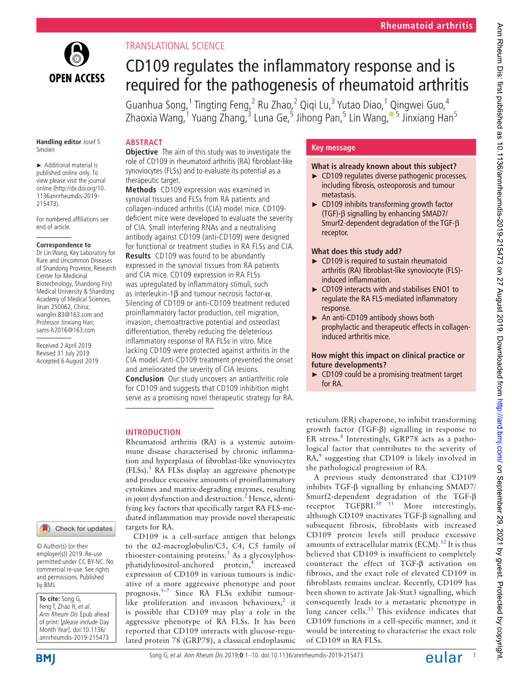 CD109 Regulates the Inflammatory Response and Is Required for The