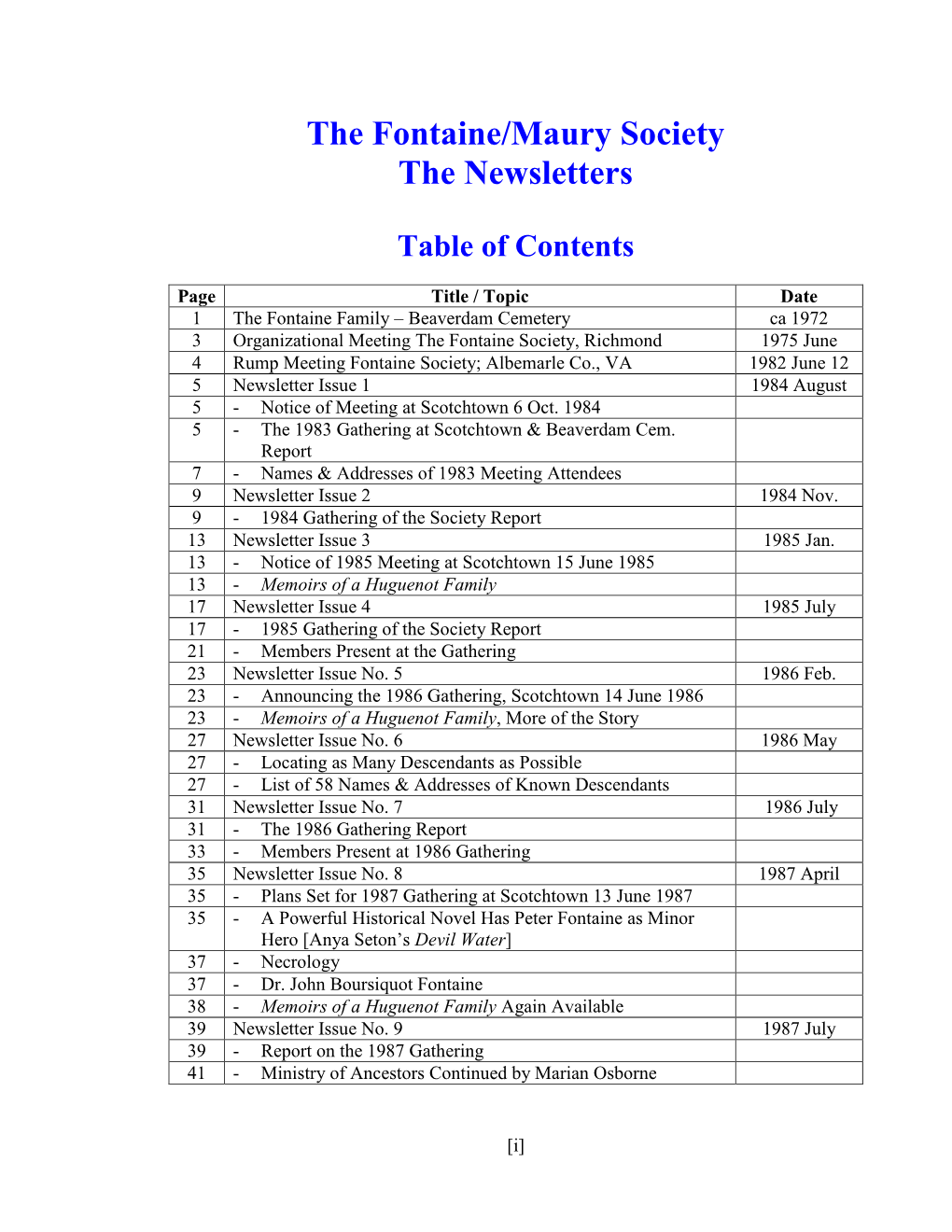 The Fontaine/Maury Society the Newsletters Table of Contents