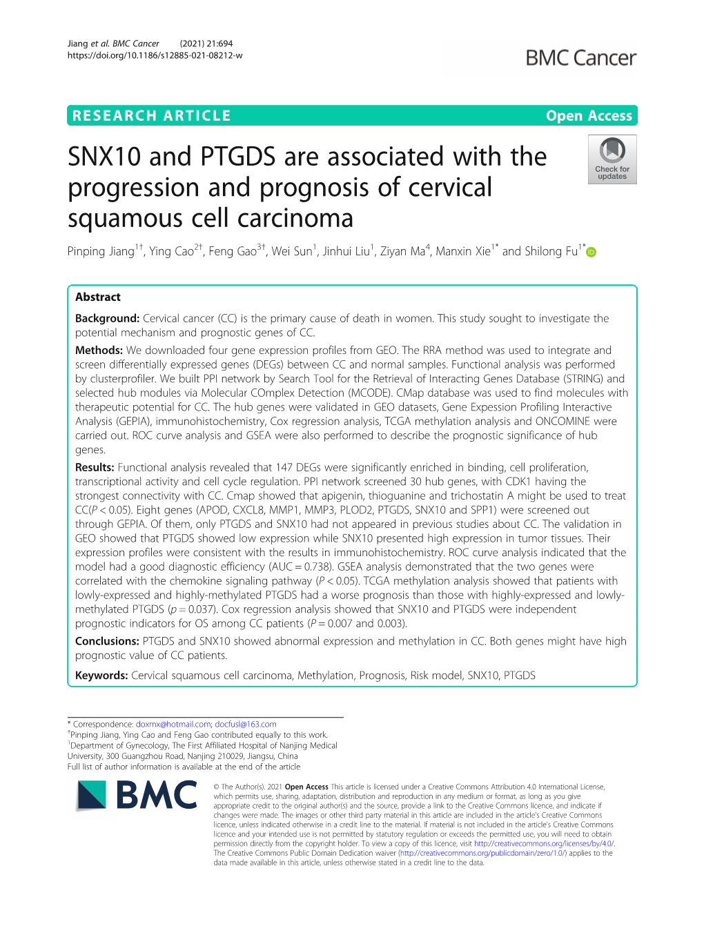 SNX10 and PTGDS Are Associated with the Progression and Prognosis