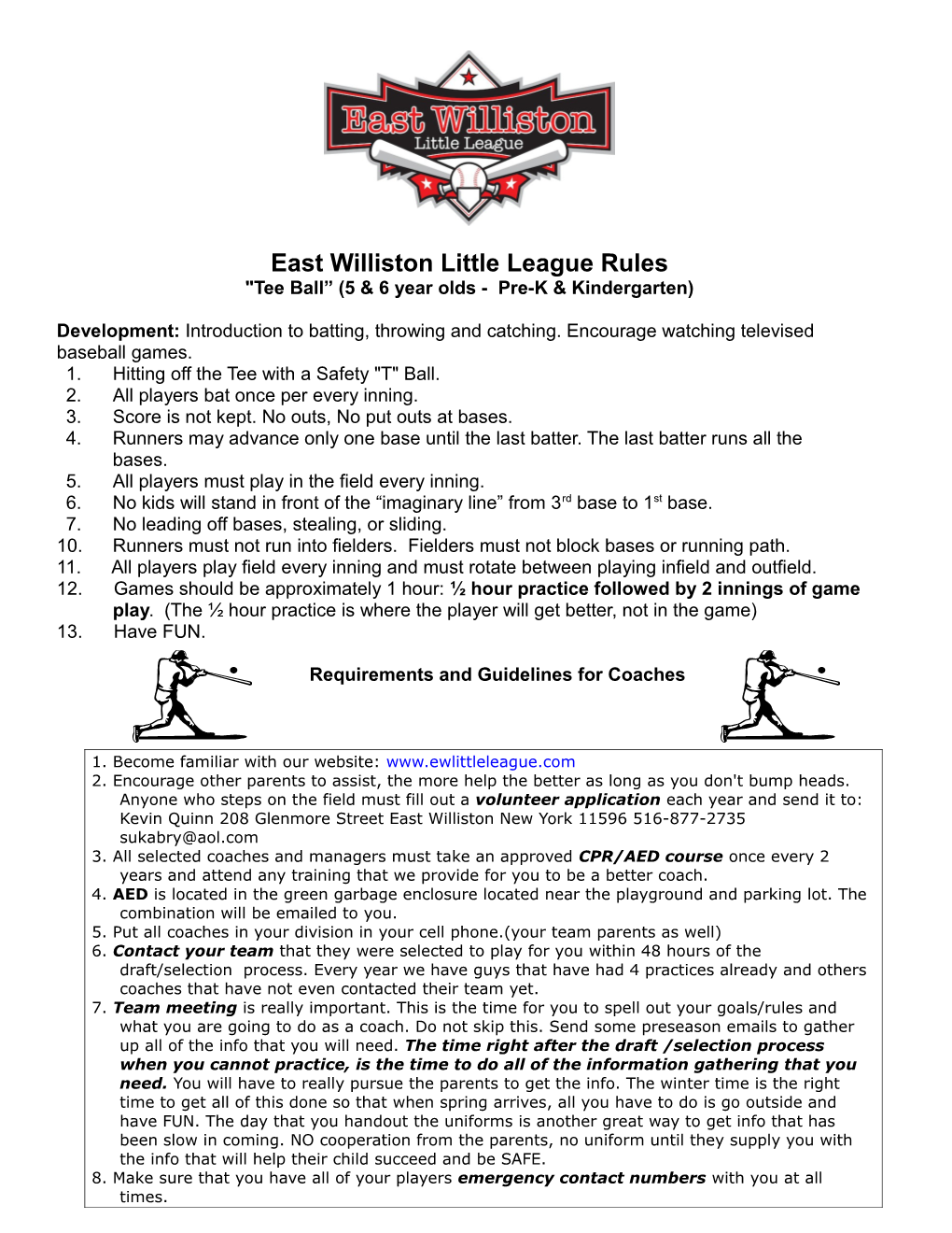 East Williston Little League - 2010 Intramural Rules T-Ball (41310)