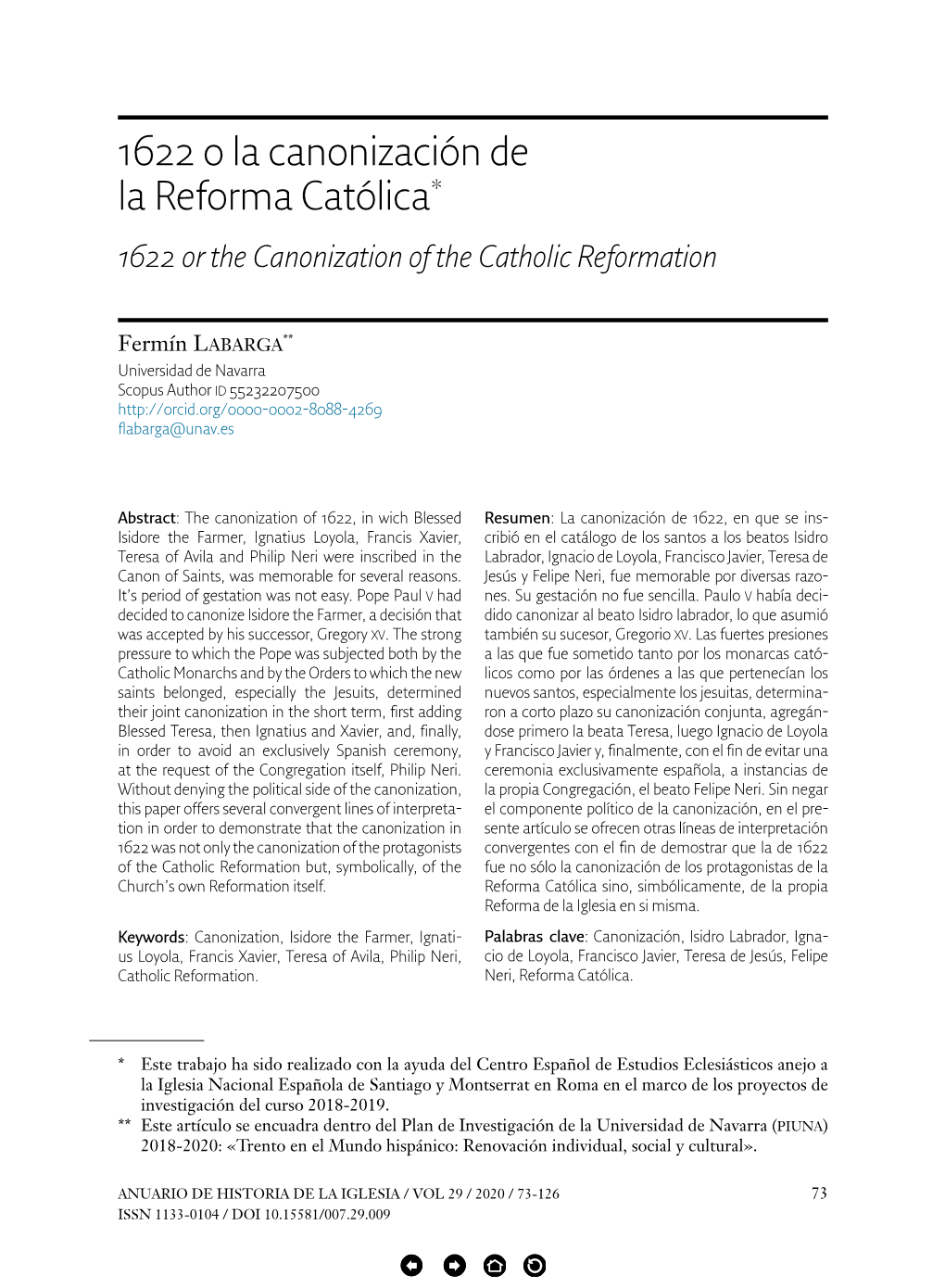 1622 O La Canonización De La Reforma Católica* 73 I