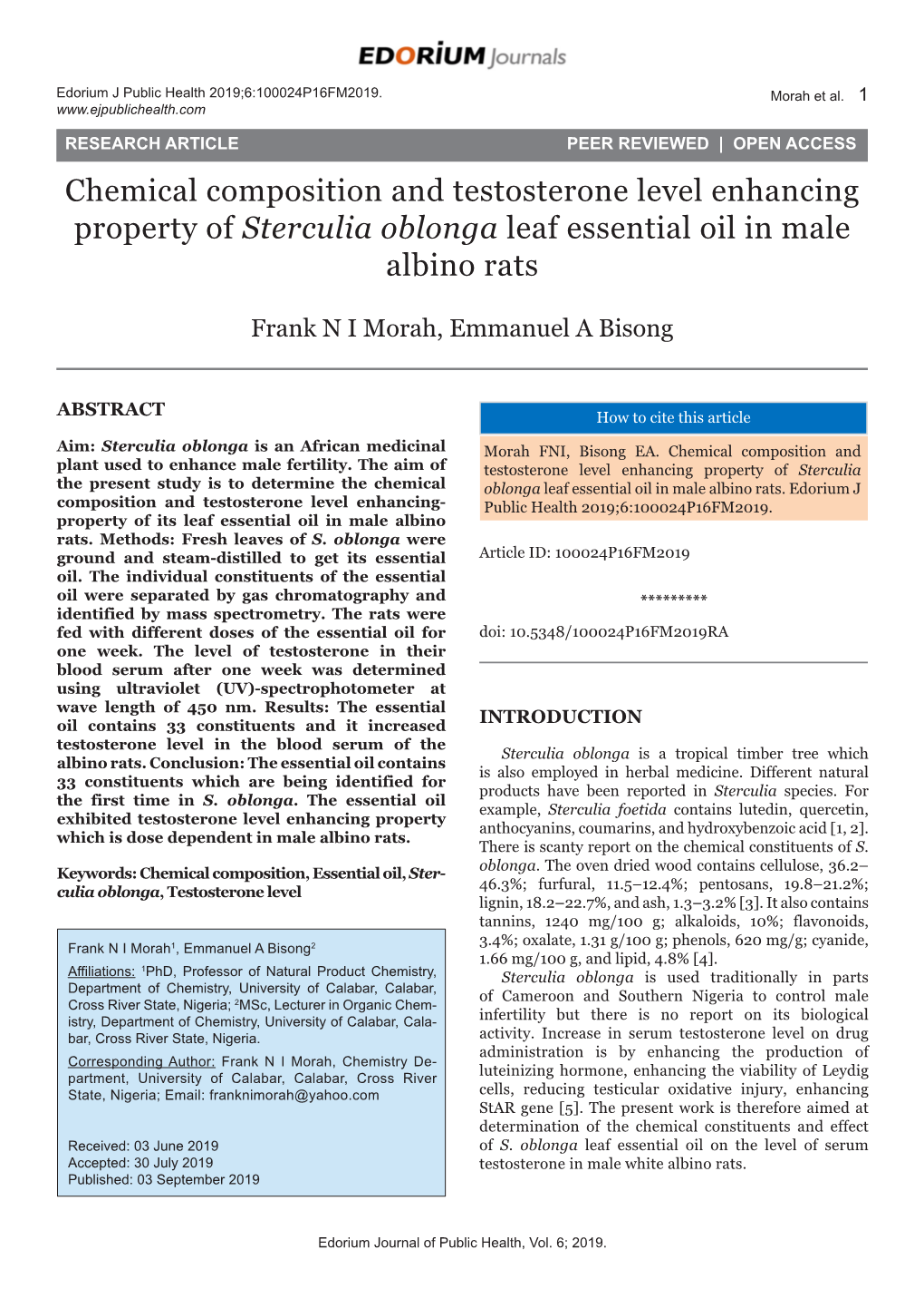 Chemical Composition and Testosterone Level Enhancing Property of Sterculia Oblonga Leaf Essential Oil in Male Albino Rats