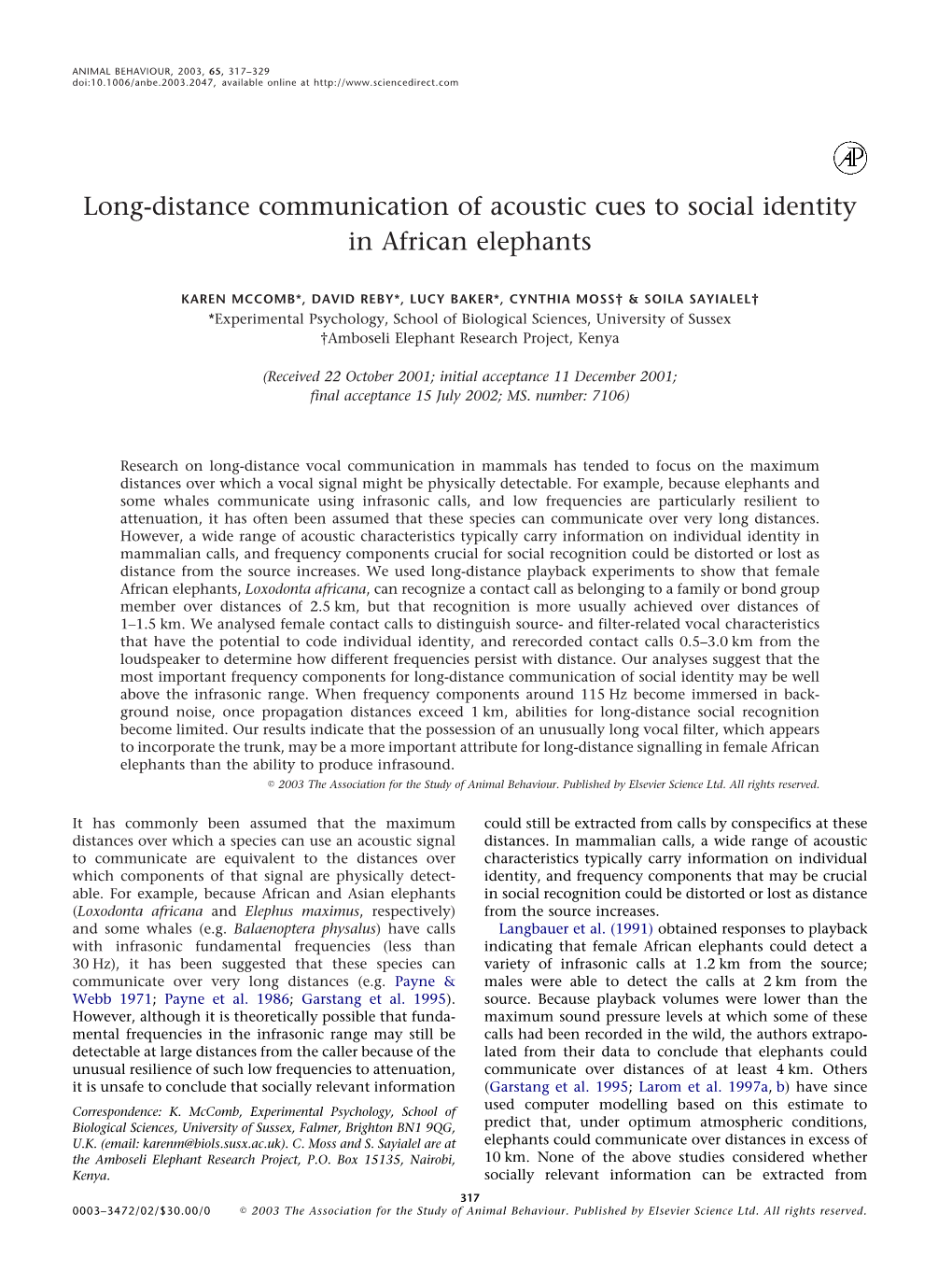 Long-Distance Communication of Acoustic Cues to Social Identity in African Elephants