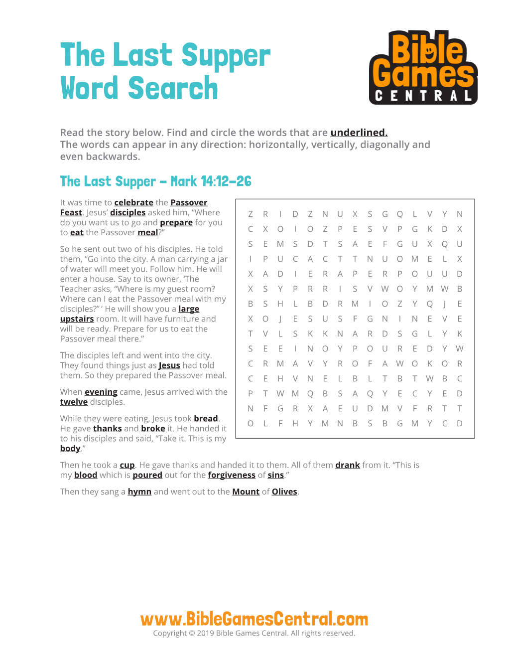 Easter Word Search the Last Supper