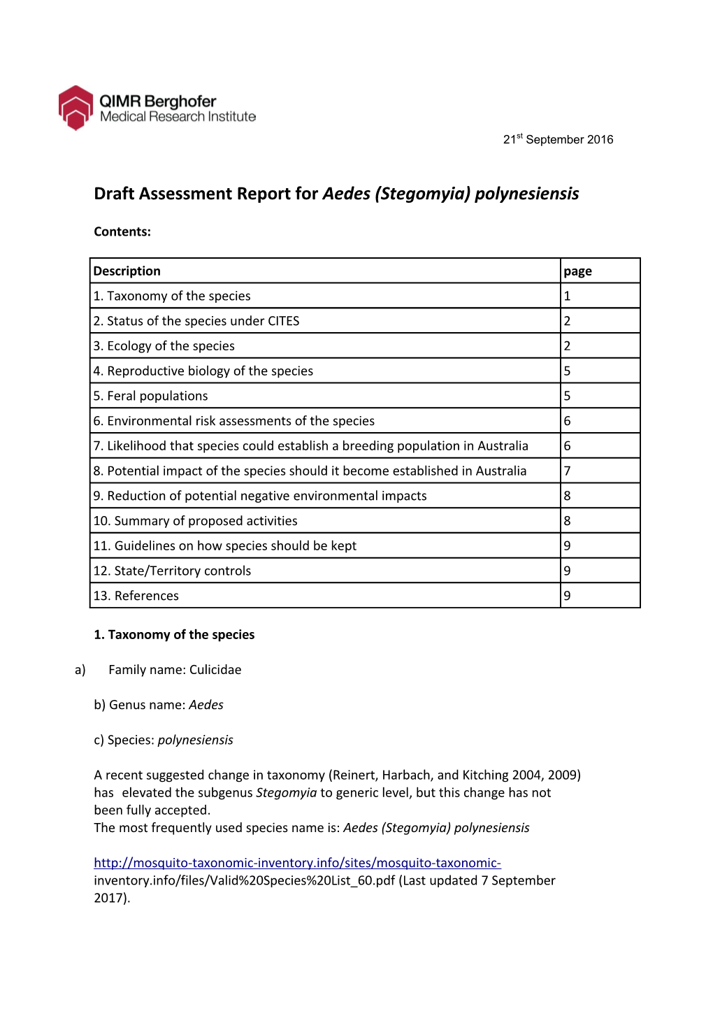 Draft Assessment Report for Aedes (Stegomyia) Polynesiensis