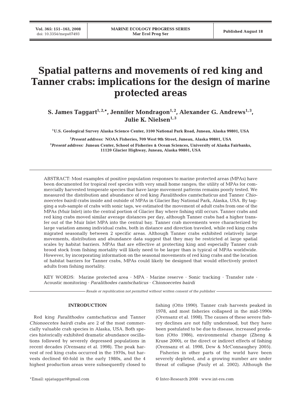 Spatial Patterns and Movements of Red King and Tanner Crabs: Implications for the Design of Marine Protected Areas