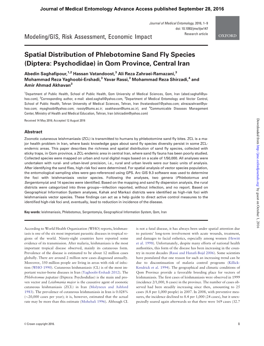 Spatial Distribution of Phlebotomine Sand Fly Species (Diptera: Psychodidae) in Qom Province, Central Iran