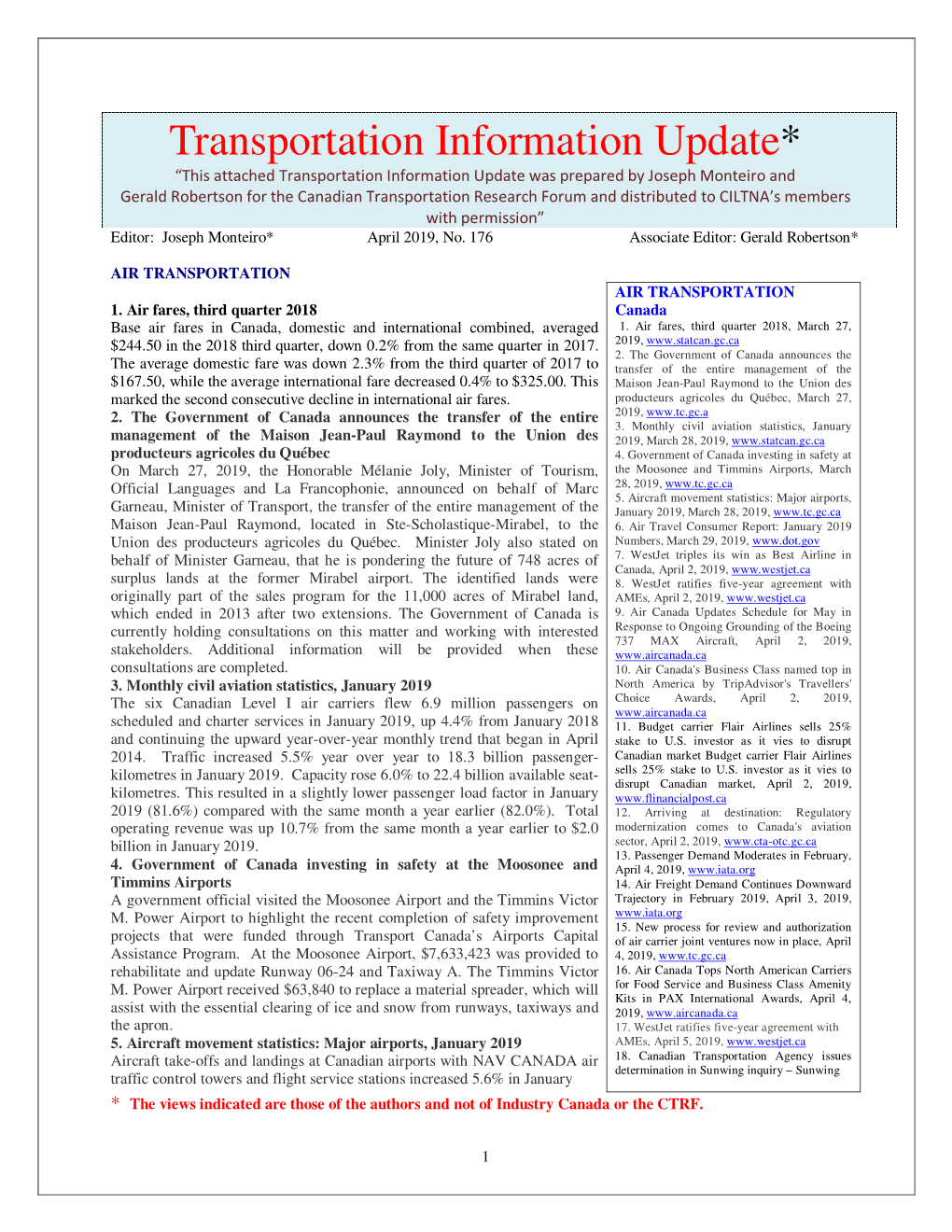 Transportation Information Update, April 2019