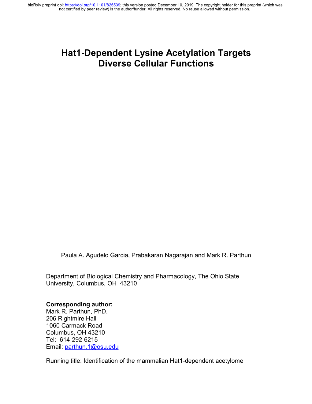 Hat1-Dependent Lysine Acetylation Targets Diverse Cellular Functions