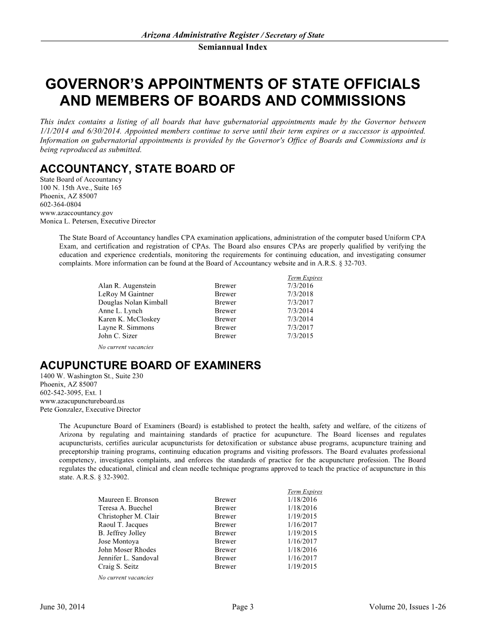 Governor's Appointments of State Officials and Members of Boards