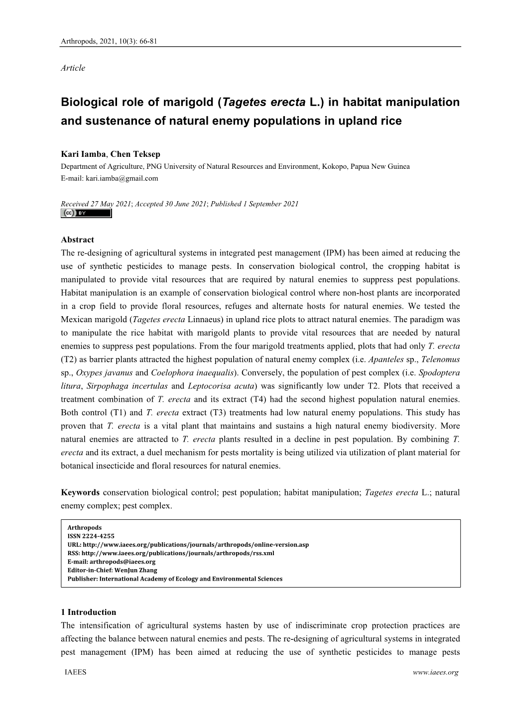 Biological Role of Marigold (Tagetes Erecta L.) in Habitat Manipulation and Sustenance of Natural Enemy Populations in Upland Rice