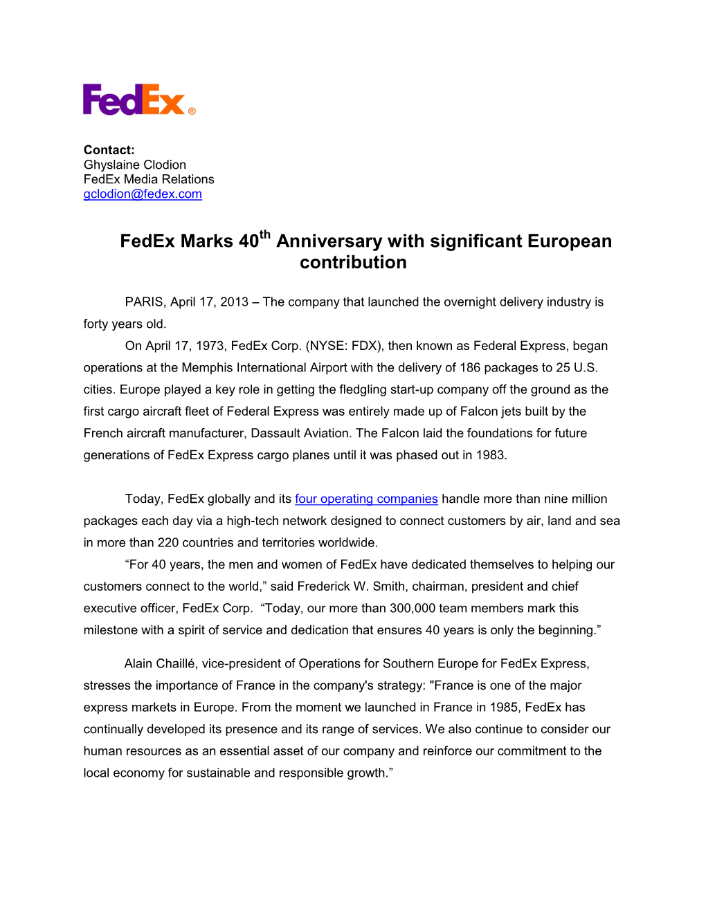 Fedex Marks 40 Anniversary with Significant European Contribution