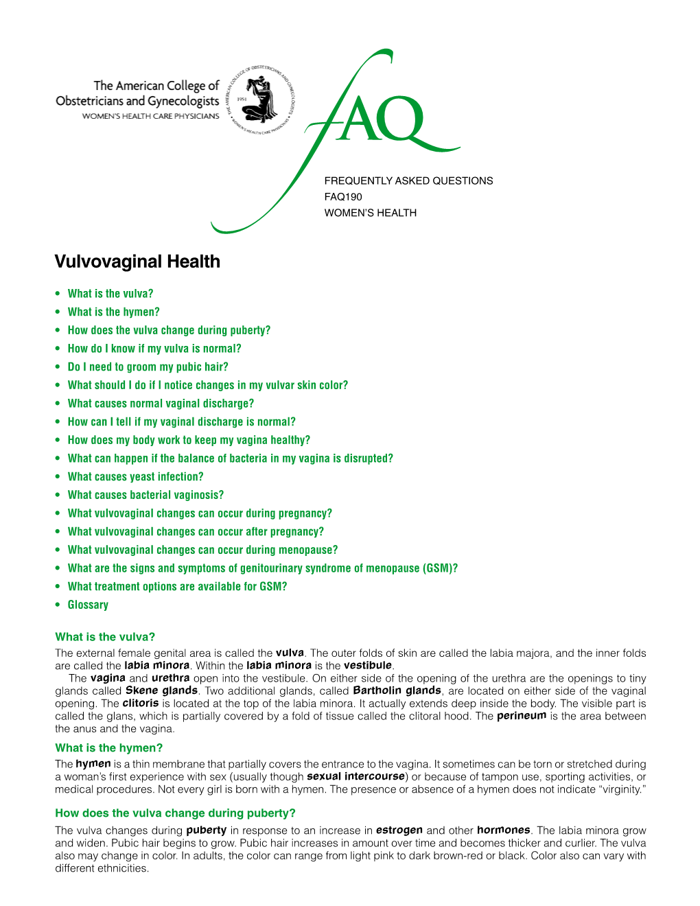 FAQ190 -- Vulvovaginal Health
