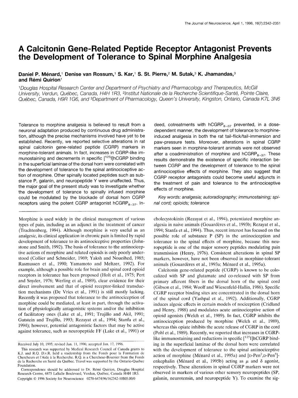 A Calcitonin Gene-Related Peptide Receptor Antagonist Prevents the Development of Tolerance to Spinal Morphine Analgesia