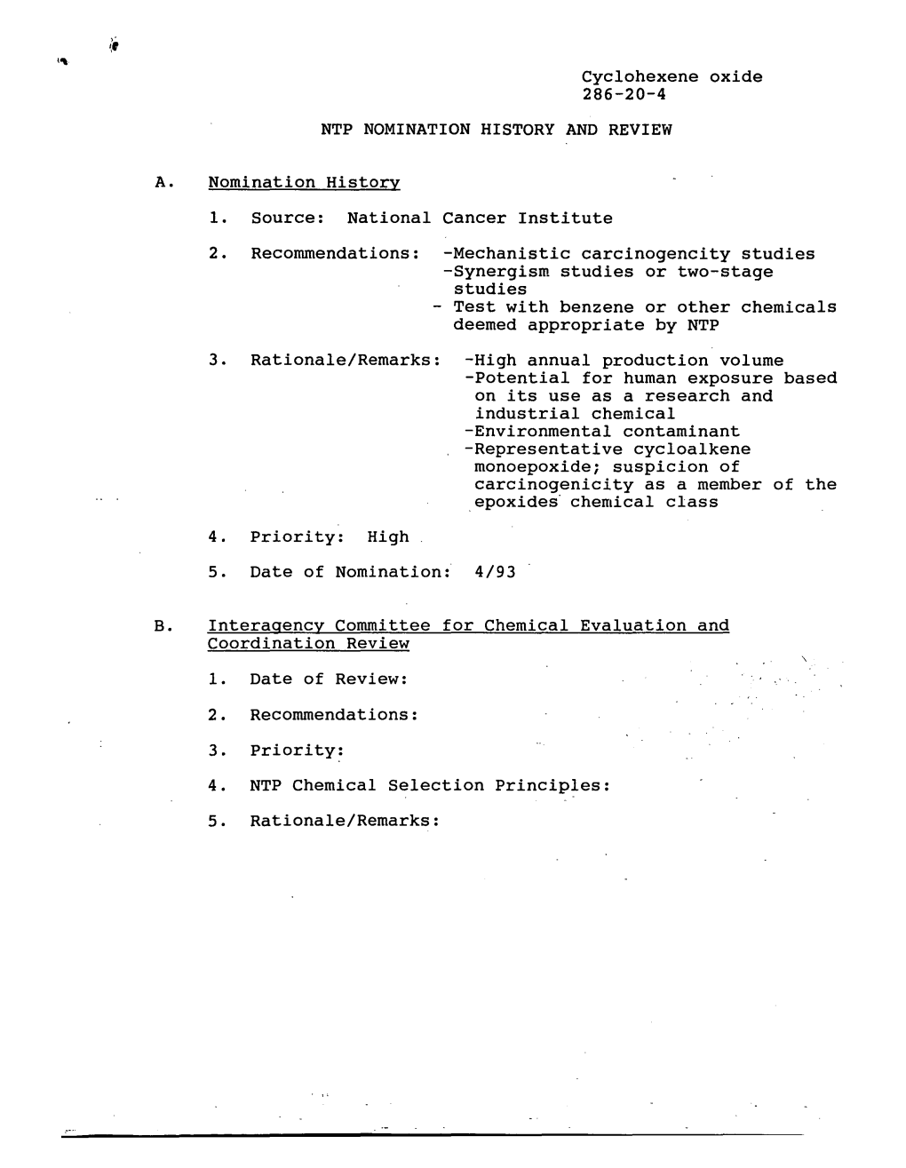 Cyclohexene Oxide 286-20-4 NTP NOMINATION HISTORY and REVIEW