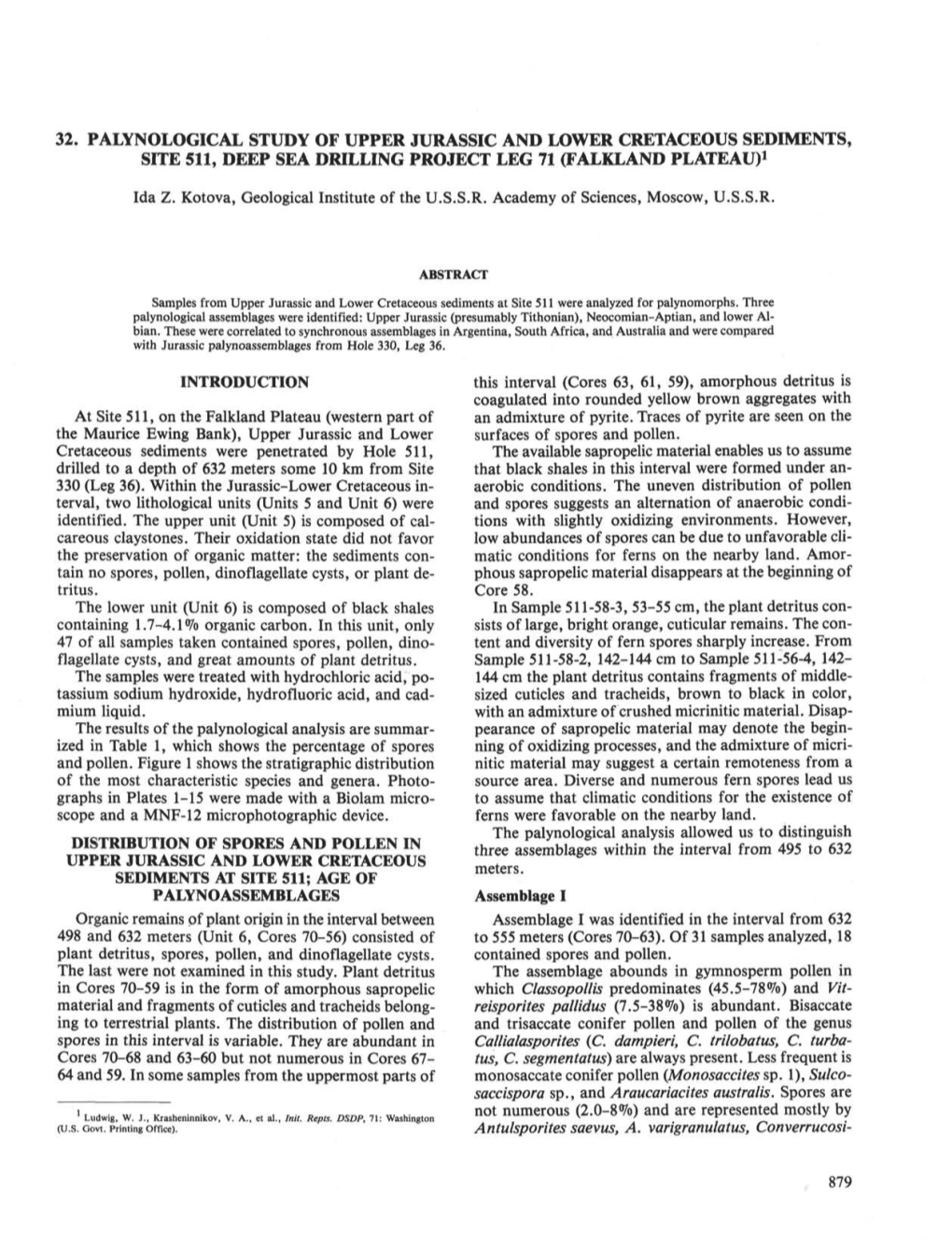 32. Palynological Study of Upper Jurassic and Lower Cretaceous Sediments, Site 511, Deep Sea Drilling Project Leg 71 (Falkland Plateau)1