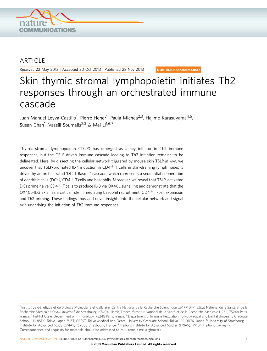 Skin Thymic Stromal Lymphopoietin Initiates Th2 Responses Through an Orchestrated Immune Cascade