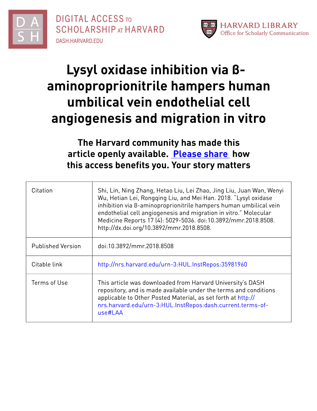 Lysyl Oxidase Inhibition Via Β- Aminoproprionitrile Hampers Human Umbilical Vein Endothelial Cell Angiogenesis and Migration in Vitro