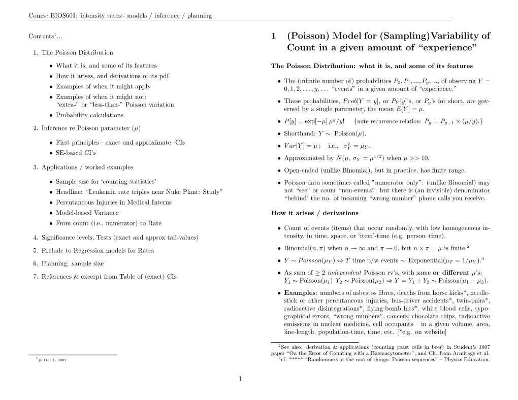 1 (Poisson) Model for (Sampling)Variability of Count in a Given Amount of “Experience” 1