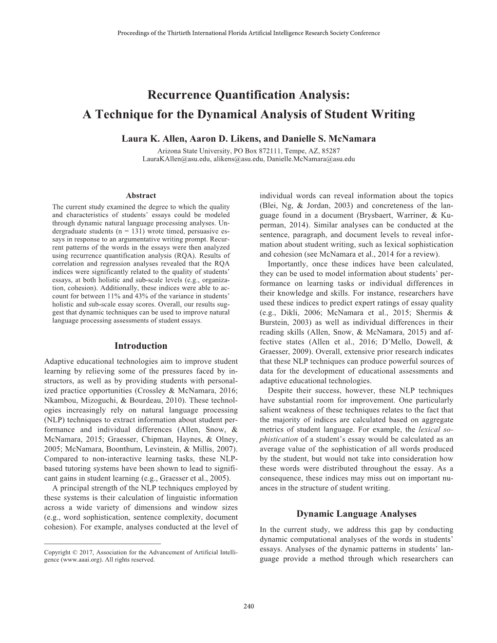 Recurrence Quantification Analysis: a Technique for the Dynamical Analysis of Student Writing