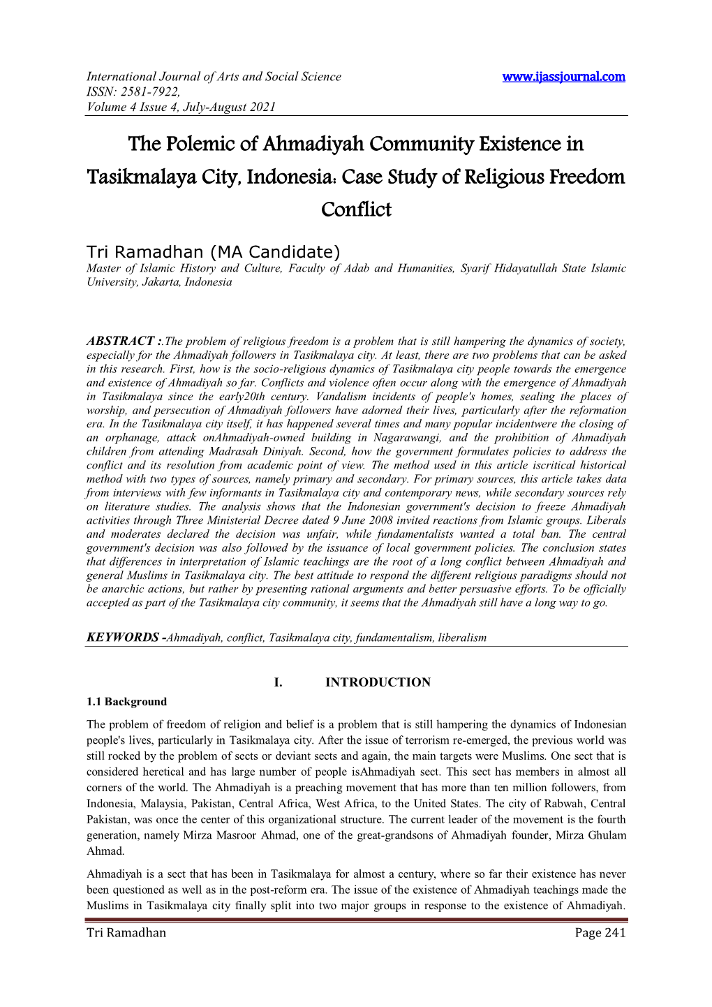 The Polemic of Ahmadiyah Community Existence in Tasikmalaya City, Indonesia: Case Study of Religious Freedom Conflict