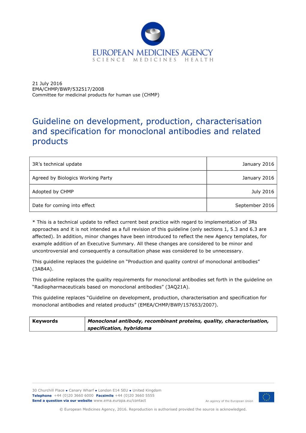 Guideline on Development, Production, Characterisation and Specification for Monoclonal Antibodies and Related Products