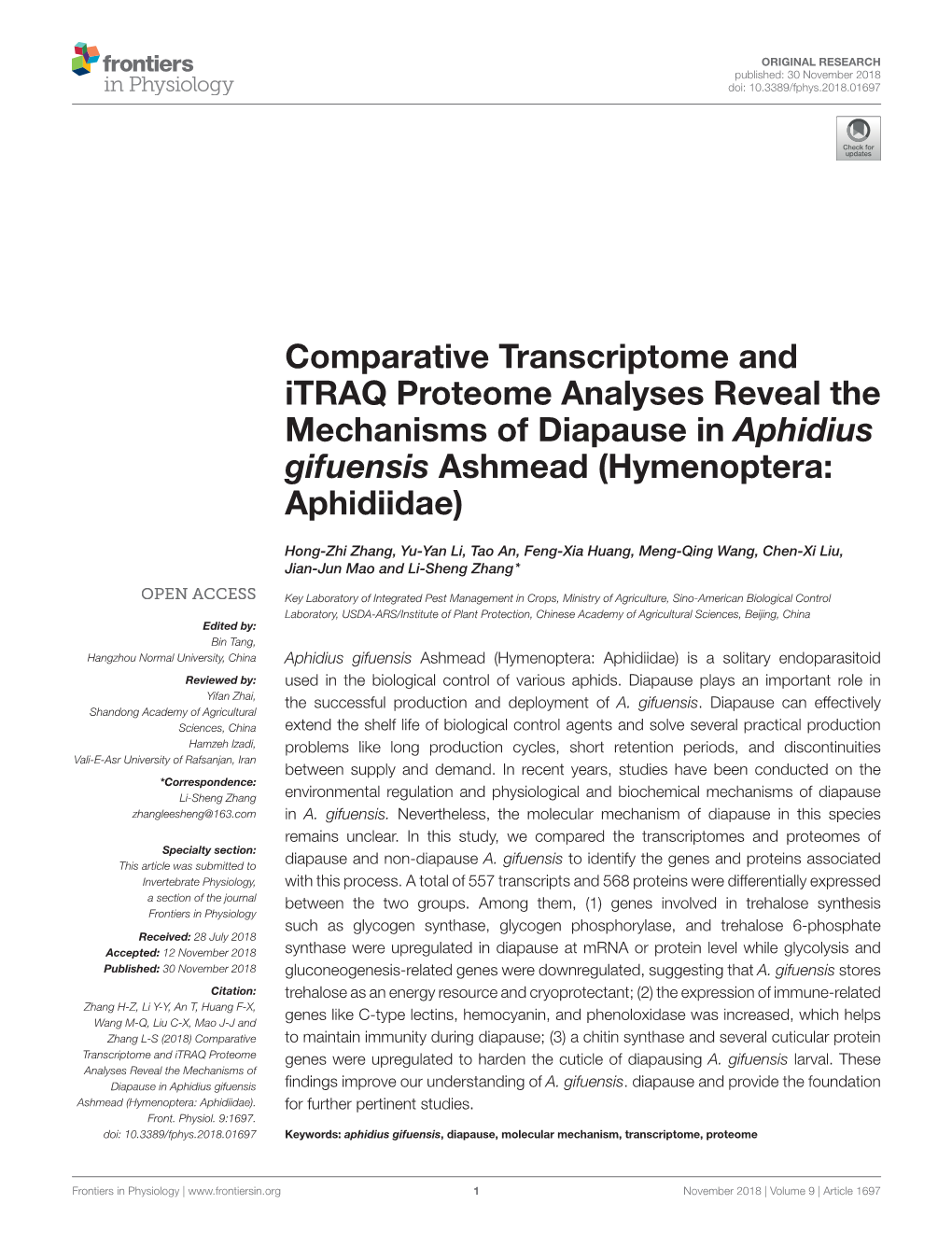 Comparative Transcriptome and Itraq Proteome Analyses Reveal the Mechanisms of Diapause in Aphidius Gifuensis Ashmead (Hymenoptera: Aphidiidae)