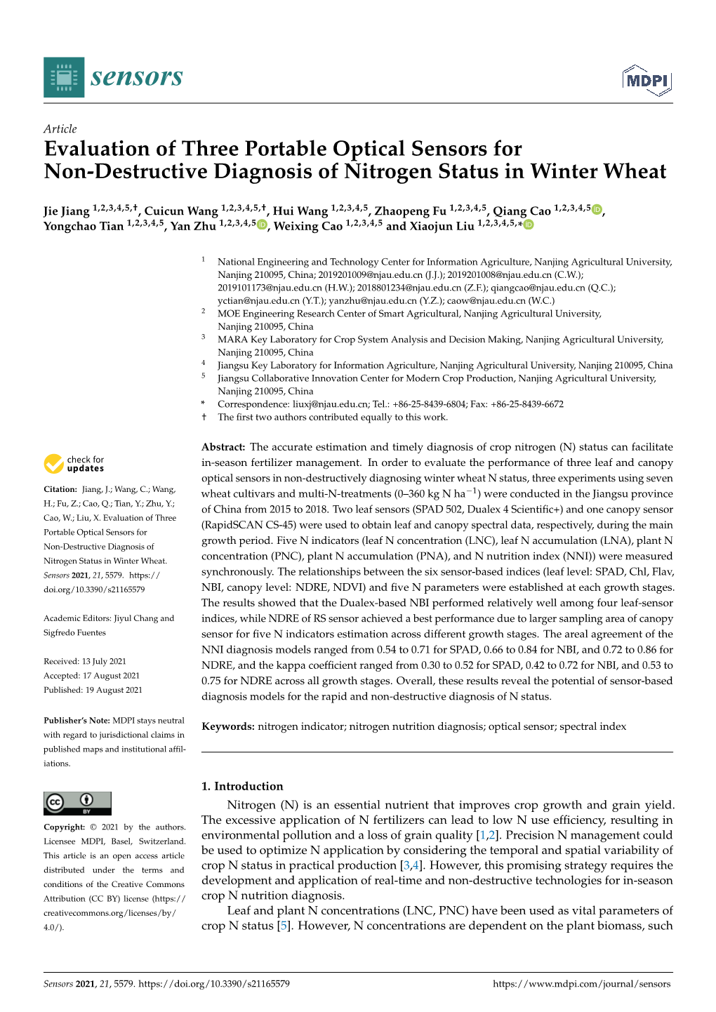 Evaluation of Three Portable Optical Sensors for Non-Destructive Diagnosis of Nitrogen Status in Winter Wheat