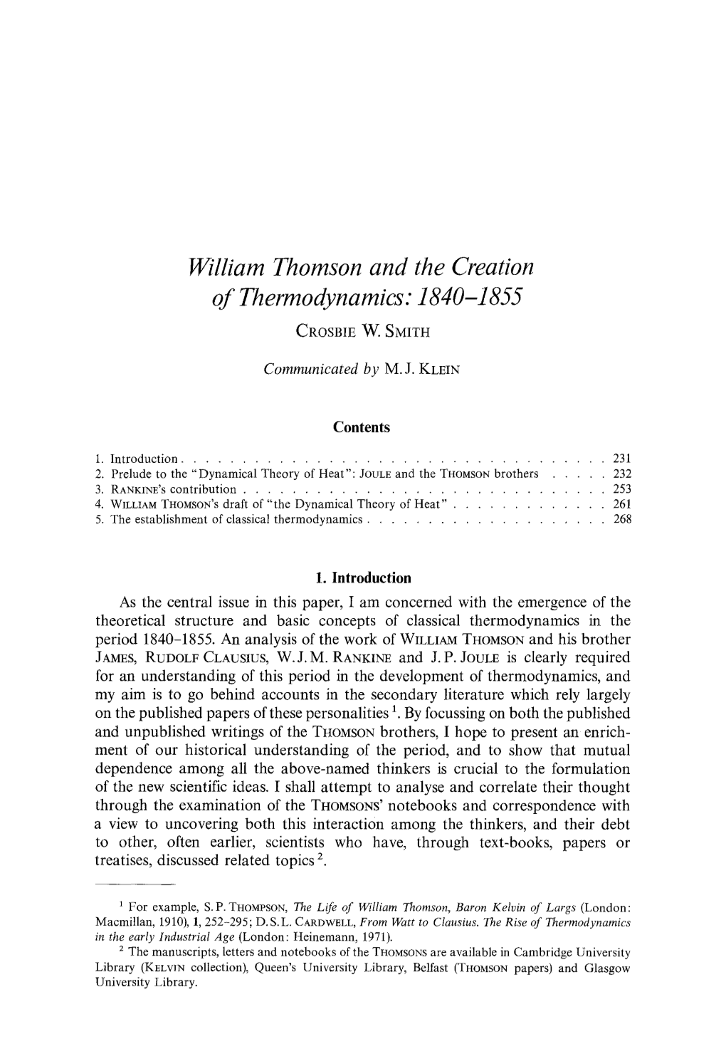 William Thomson and the Creation of Thermodynamics: 1840–1855