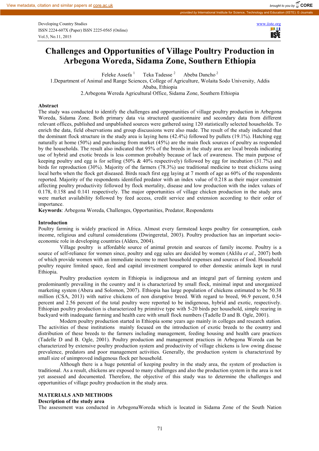 Challenges and Opportunities of Village Poultry Production in Arbegona Woreda, Sidama Zone, Southern Ethiopia