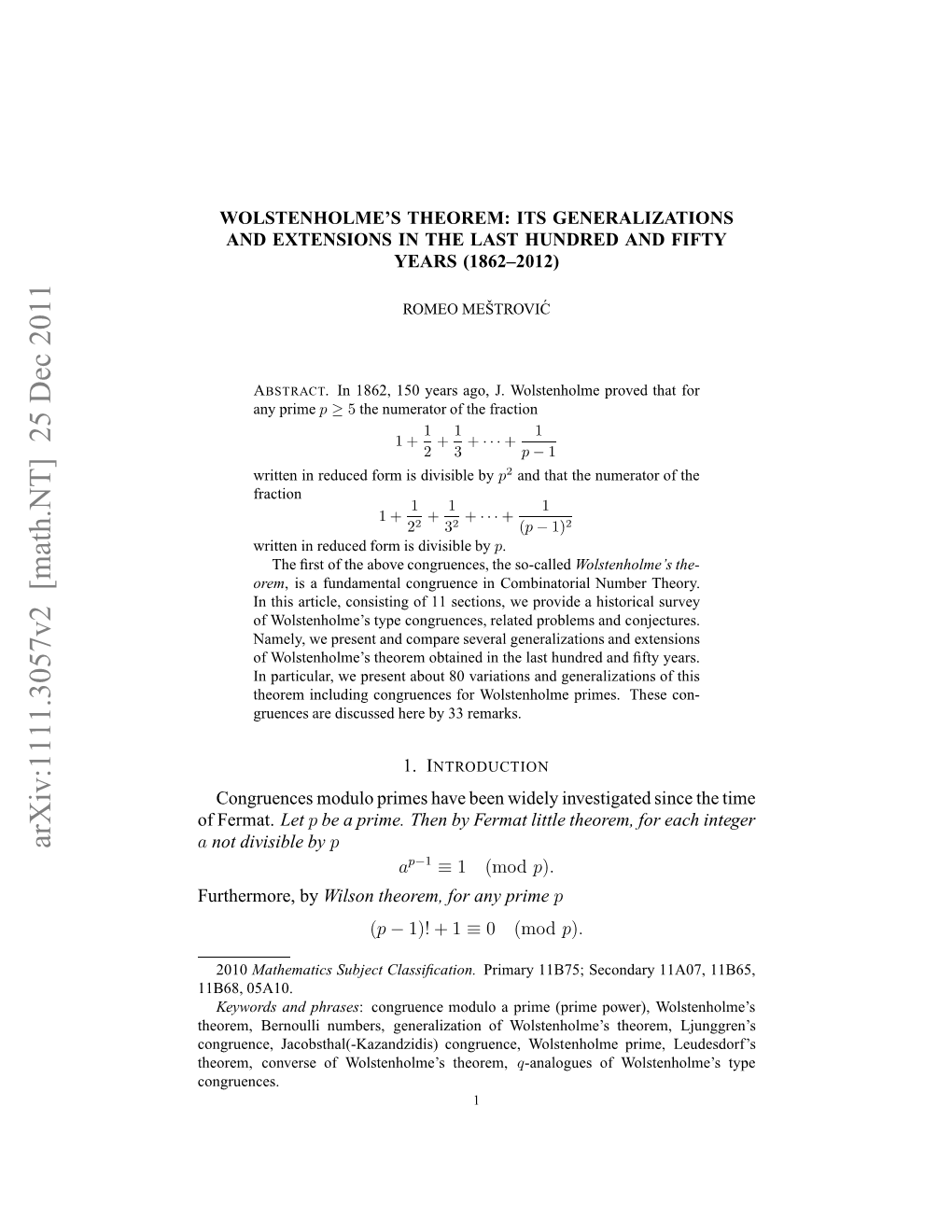 Arxiv:1111.3057V2 [Math.NT] 25 Dec 2011 Ffermat