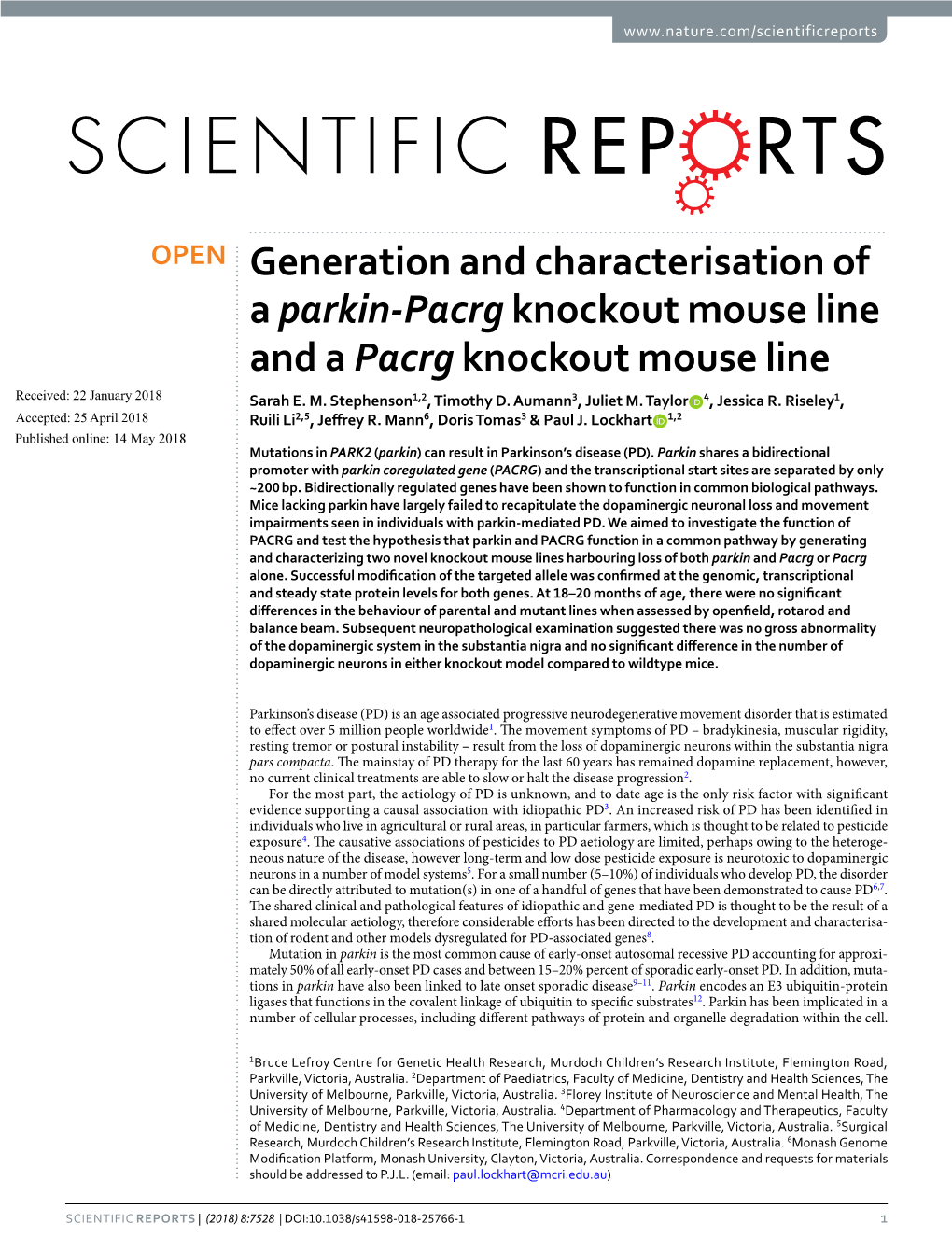 Generation and Characterisation of a Parkin-Pacrg Knockout Mouse Line and a Pacrg Knockout Mouse Line Received: 22 January 2018 Sarah E