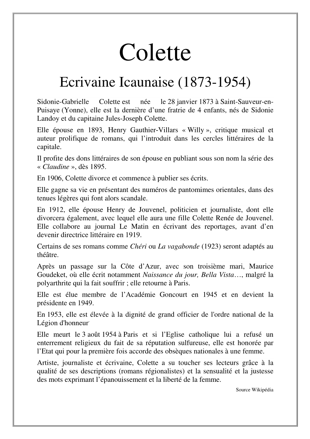 Colette Ecrivaine Icaunaise (1873-1954)