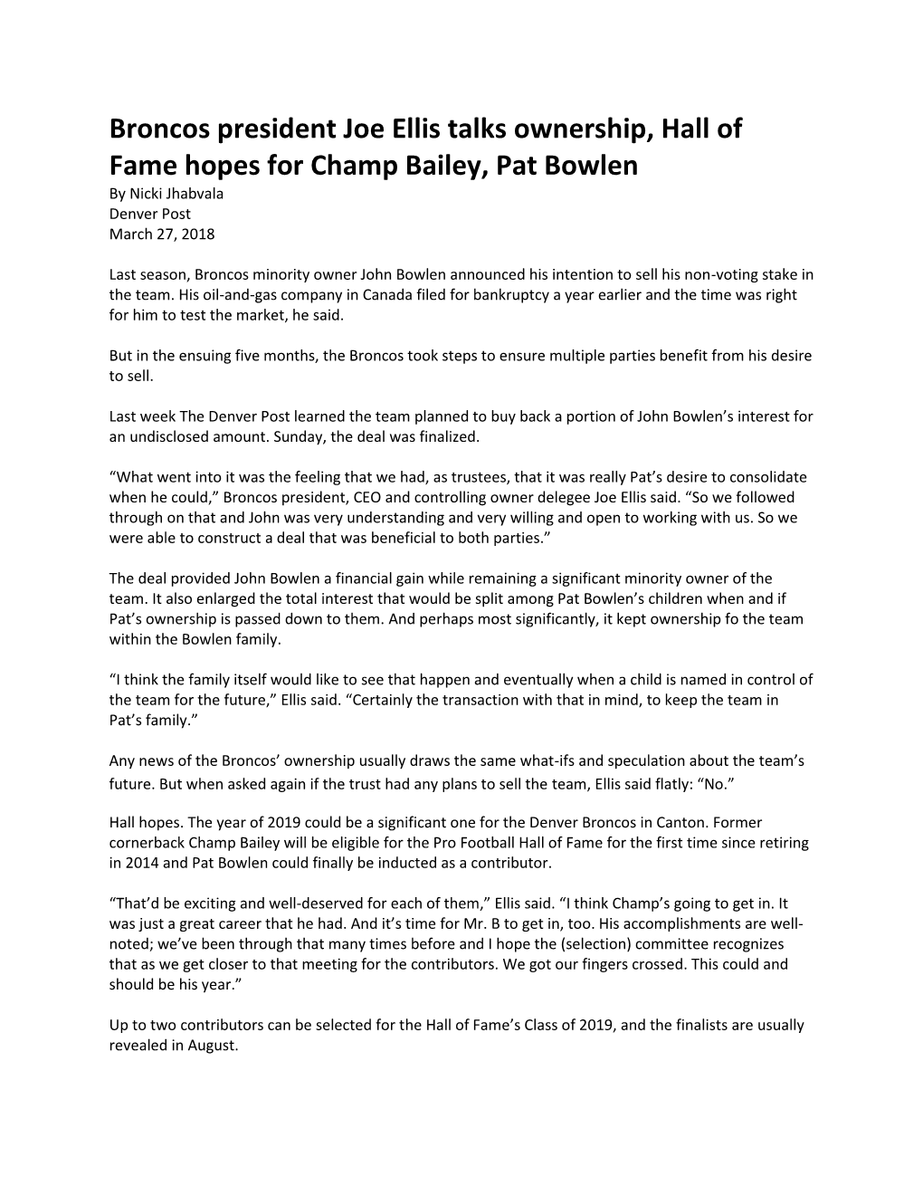 Broncos President Joe Ellis Talks Ownership, Hall of Fame Hopes for Champ Bailey, Pat Bowlen by Nicki Jhabvala Denver Post March 27, 2018