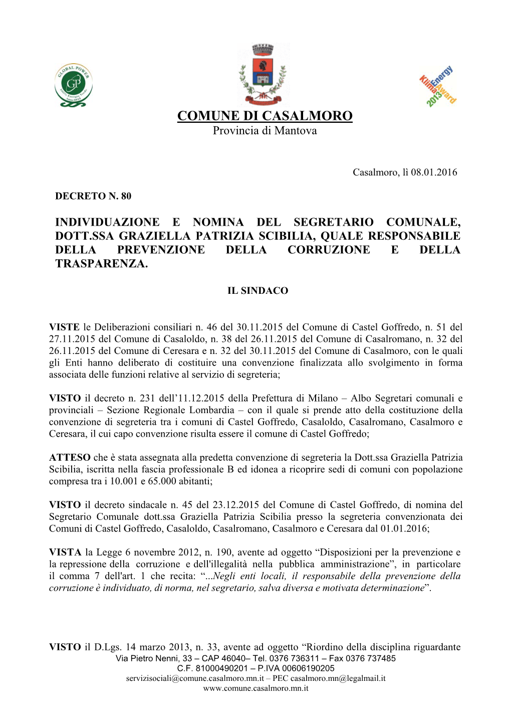 COMUNE DI CASALMORO Provincia Di Mantova