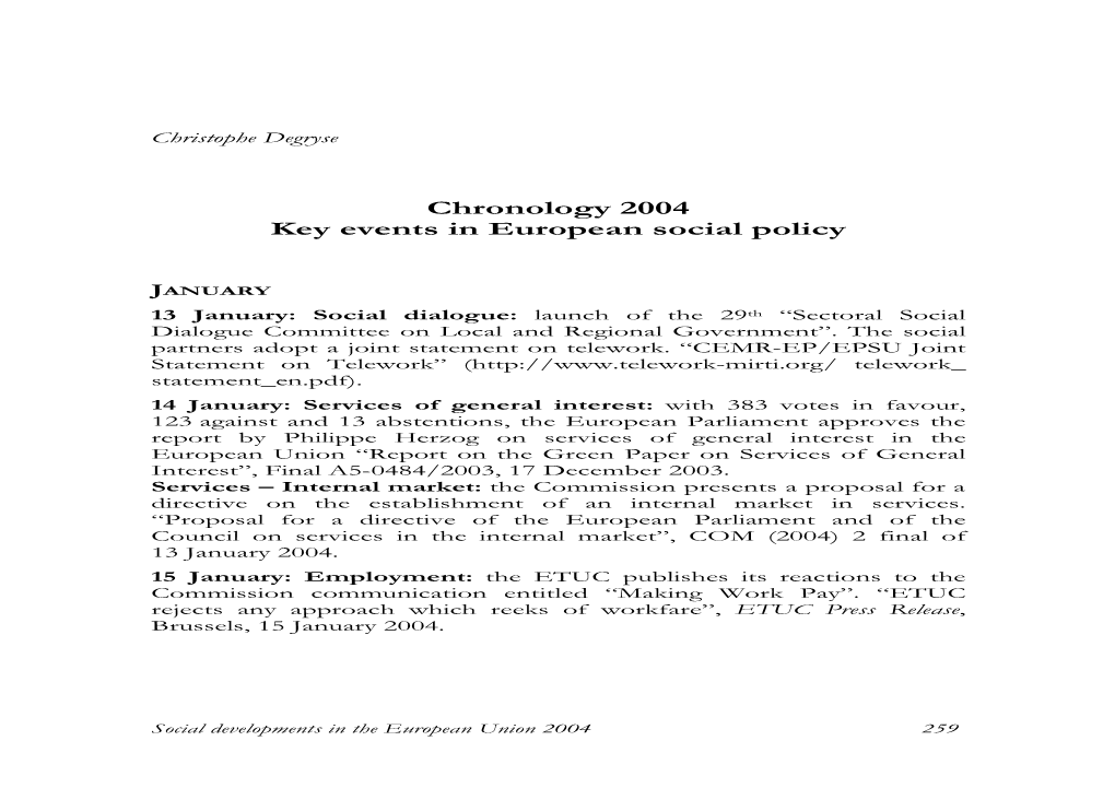 Chronology 2004 Key Events in European Social Policy