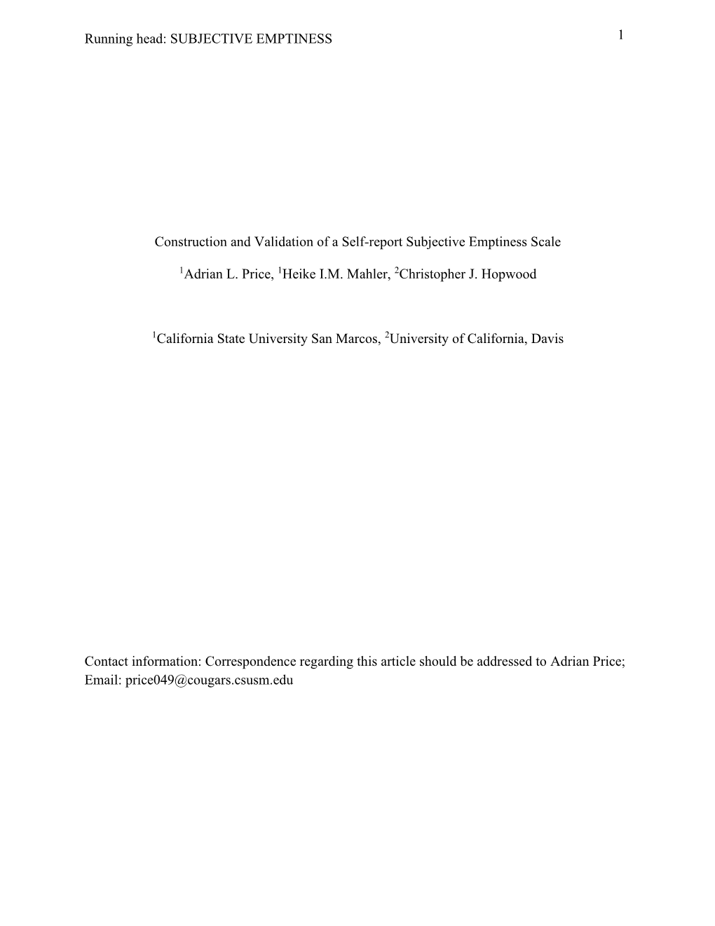 Construction and Validation of a Self-Report Subjective Emptiness Scale