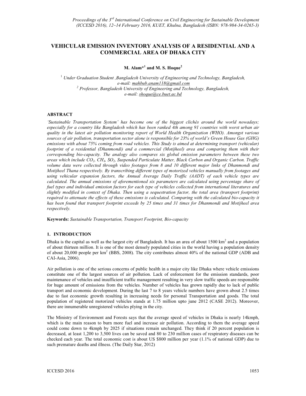 Vehicular Emission Inventory Analysis of a Residential and a Commercial Area of Dhaka City