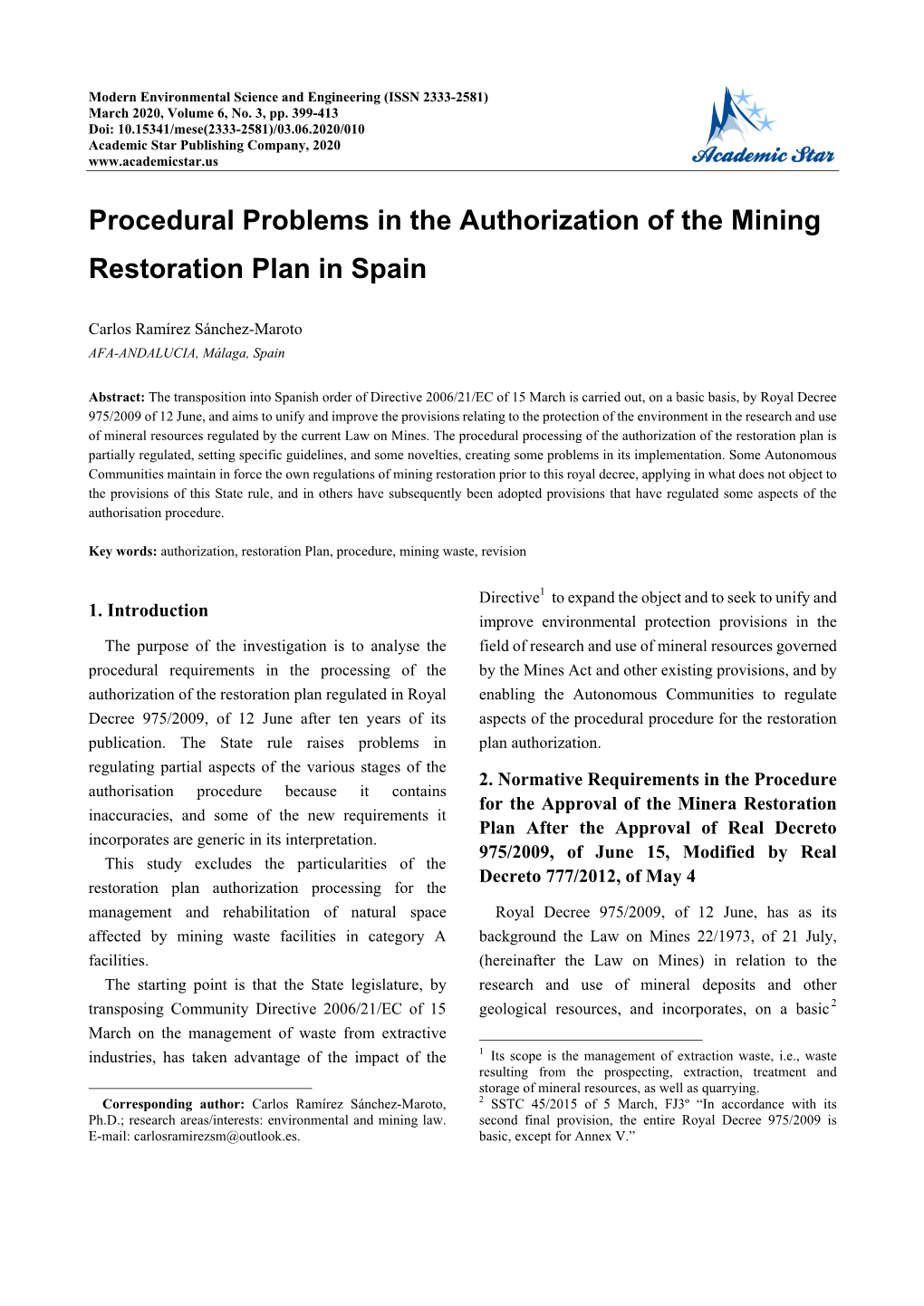 Procedural Problems in the Authorization of the Mining Restoration Plan in Spain