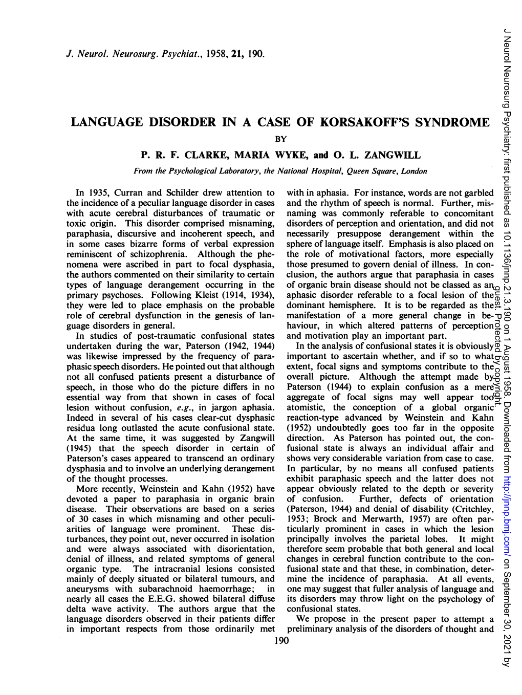 Language Disorder in a Case of Korsakoff's Syndrome by P