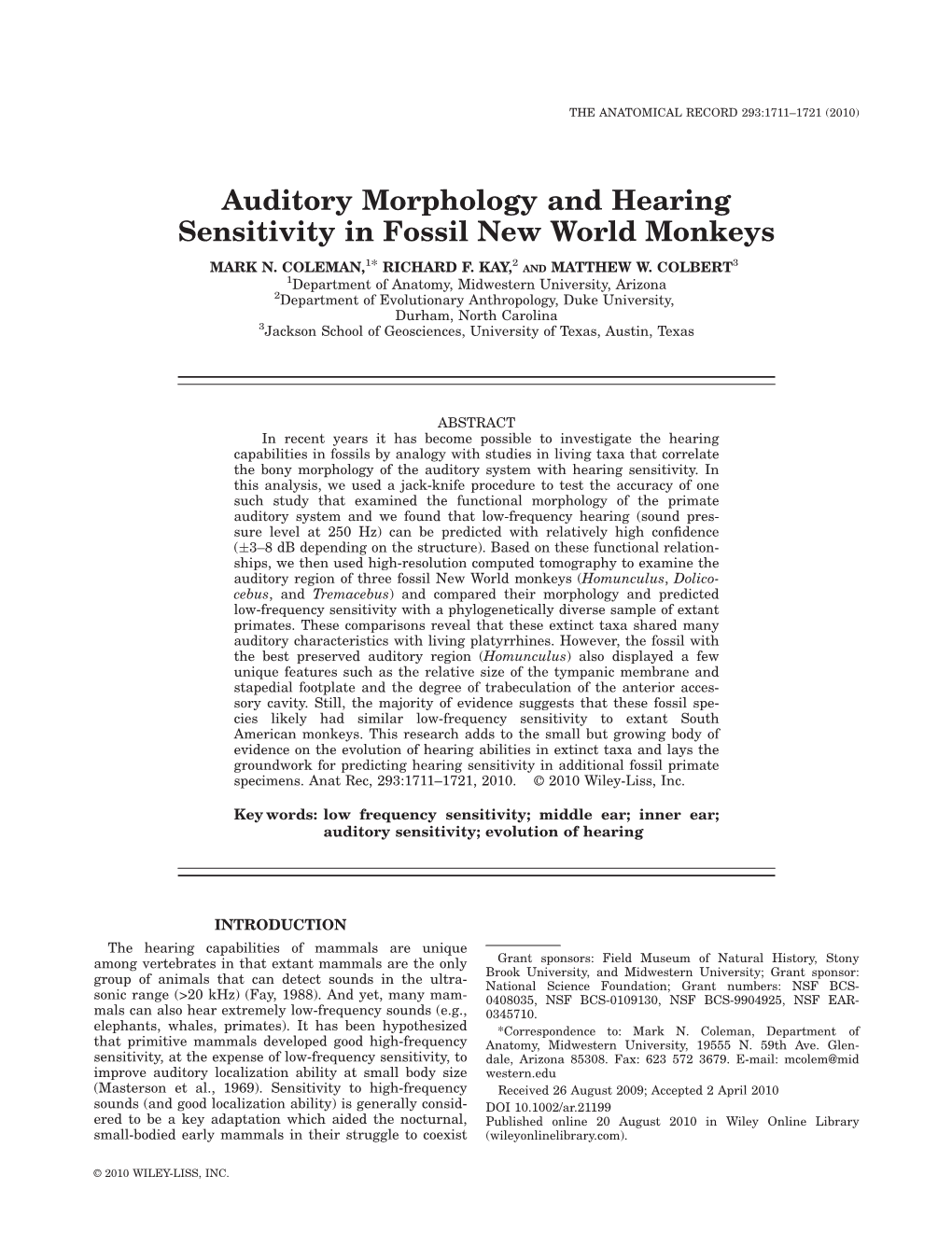 Auditory Morphology and Hearing Sensitivity in Fossil New World Monkeys