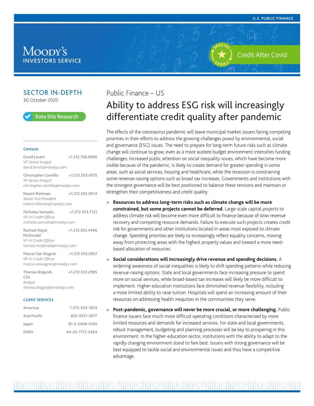 Ability to Address ESG Risk Will Increasingly Differentiate Credit Quality After Pandemic