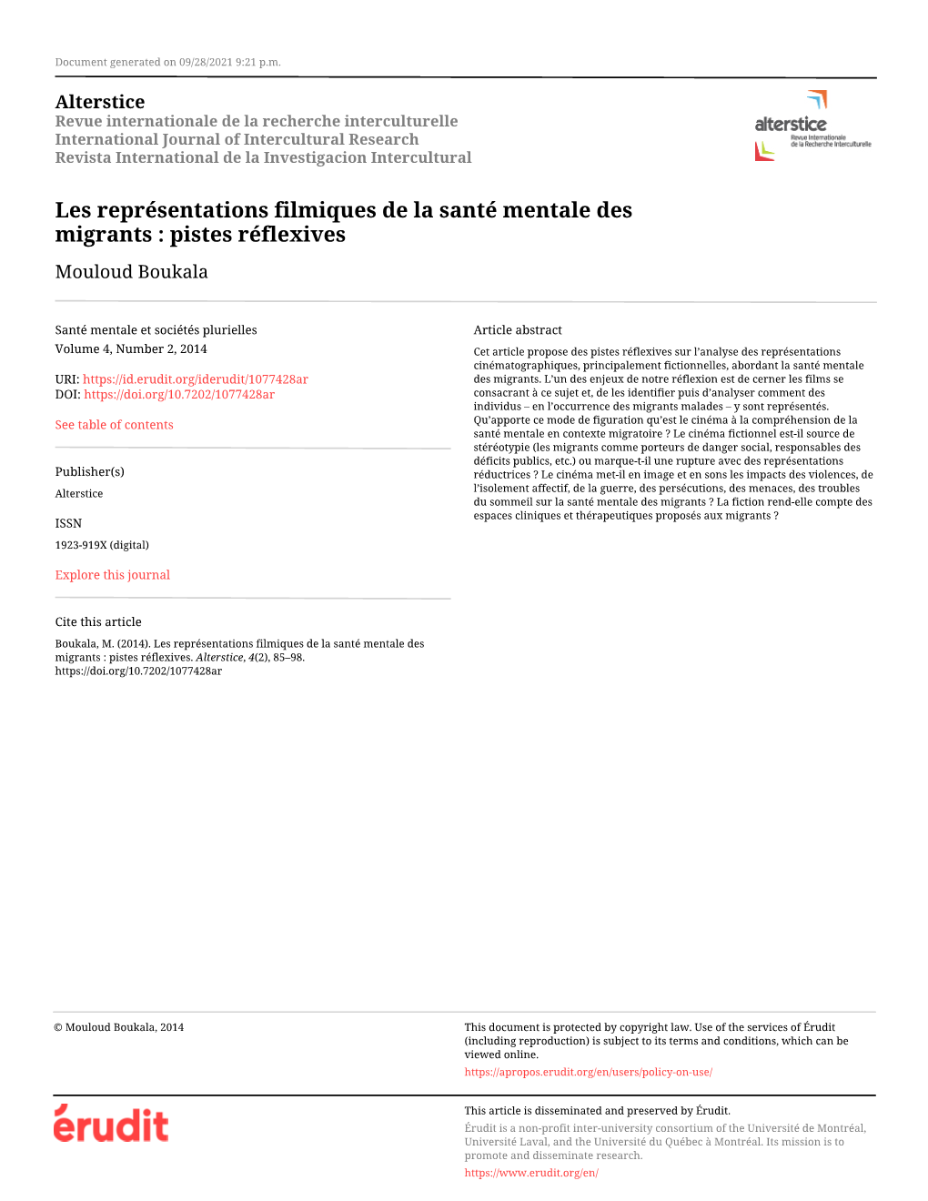 Les Représentations Filmiques De La Santé Mentale Des Migrants : Pistes Réflexives Mouloud Boukala