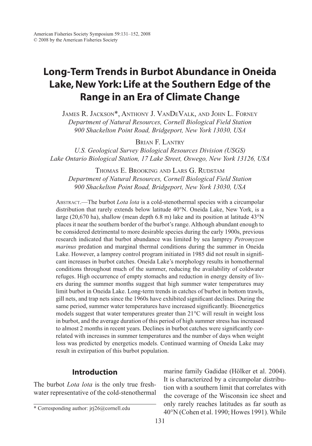 Long-Term Trends in Burbot Abundance in Oneida Lake, New York: Life at the Southern Edge of the Range in an Era of Climate Change