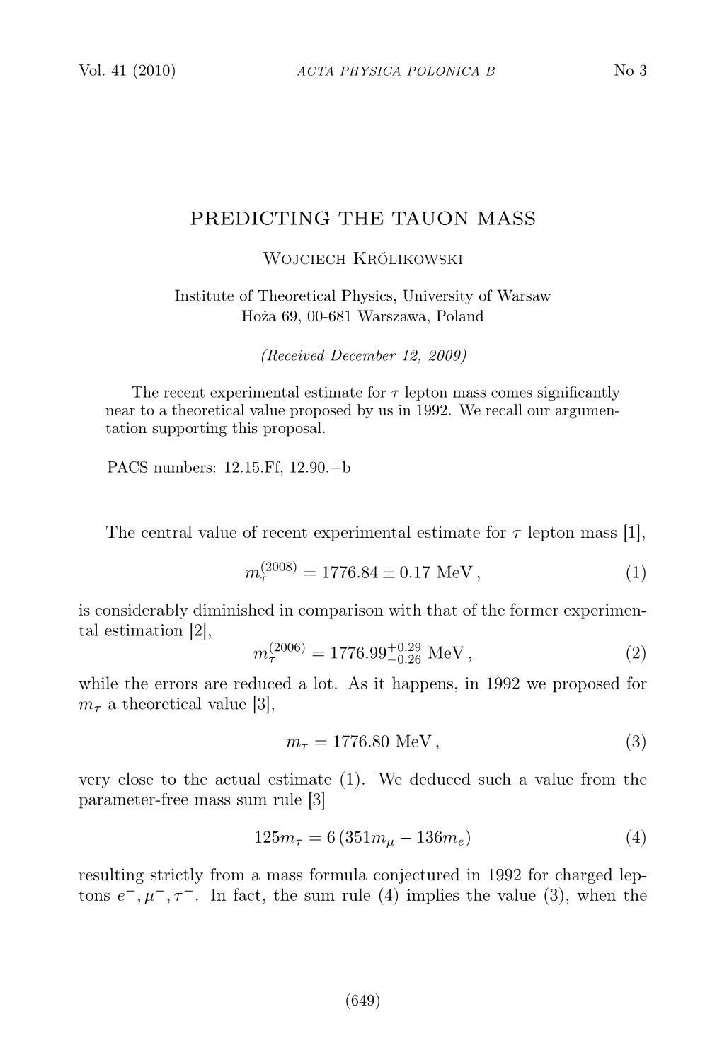 Predicting the Tauon Mass