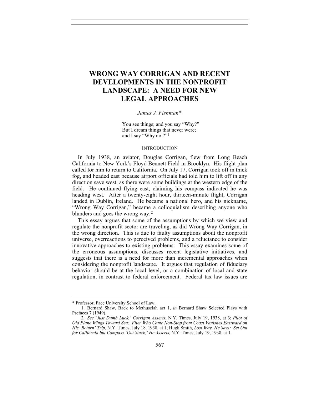 Wrong Way Corrigan and Recent Developments in the Nonprofit Landscape: a Need for New Legal Approaches