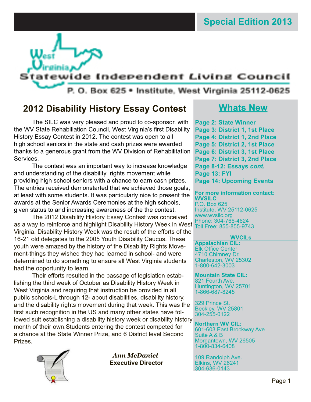 Special Edition 2013 Whats New 2012 Disability History Essay Contest