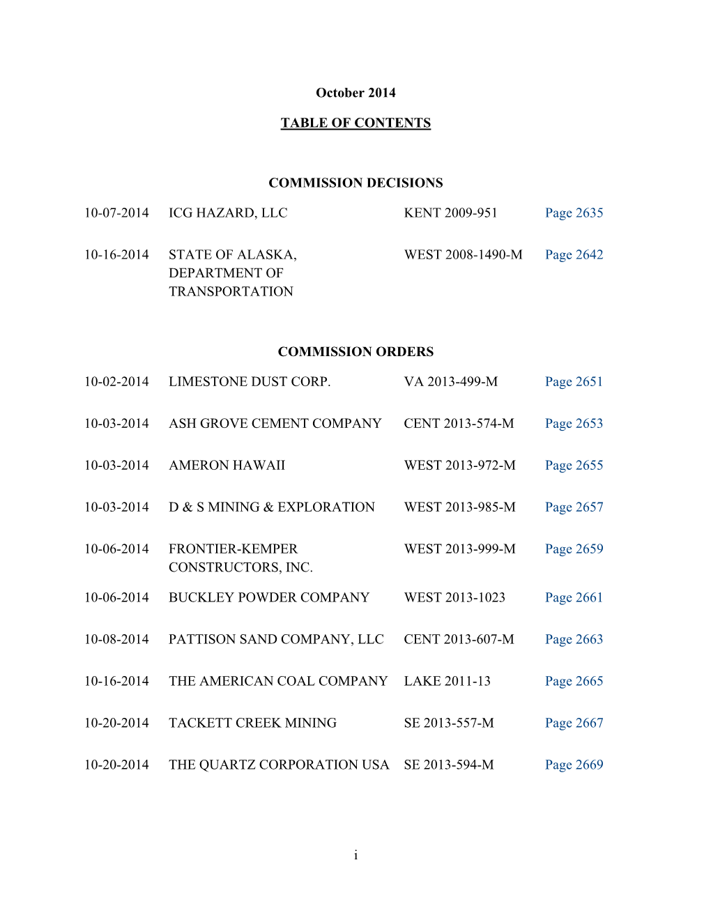 I October 2014 TABLE of CONTENTS COMMISSION DECISIONS 10-07