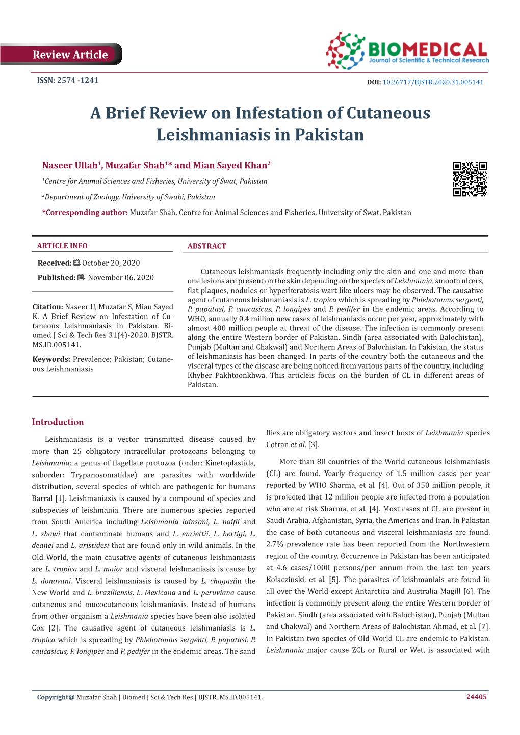 A Brief Review on Infestation of Cutaneous Leishmaniasis in Pakistan